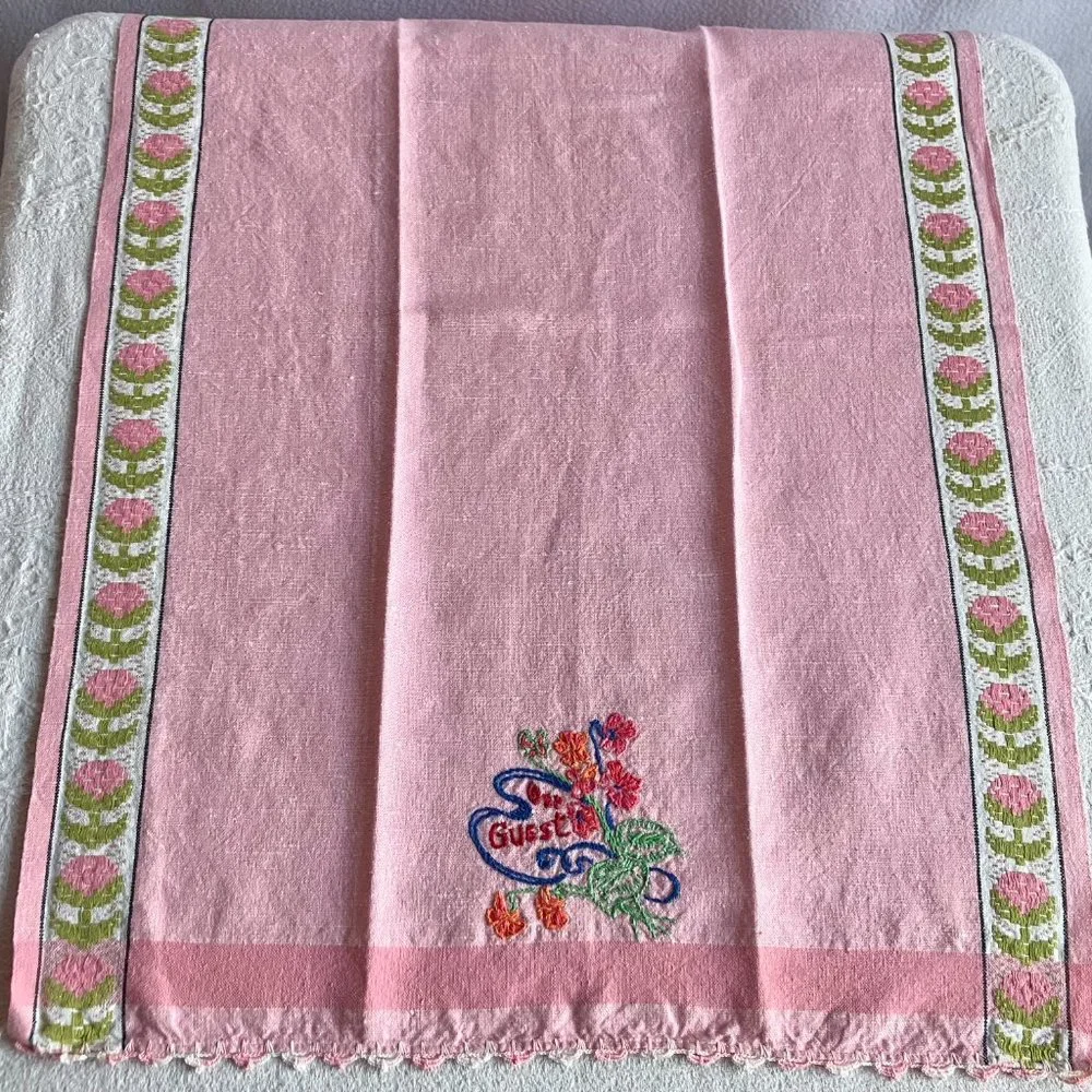 Vintage Hand Embroidered Pink Guest Hand Towels